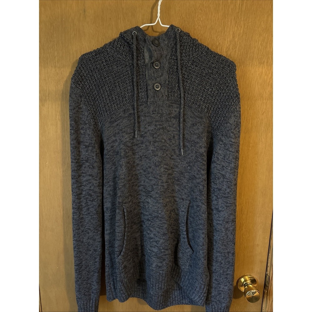 Mens Commerce 1/4 Button Sweater Hoodie Large Blue Heathered Casual Pullover